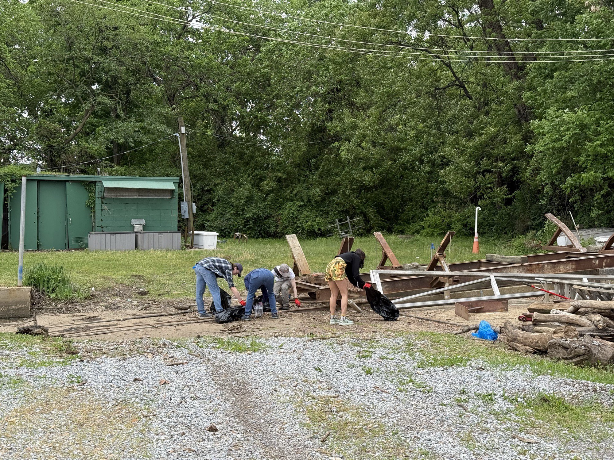 Clearing debris from the boat yard