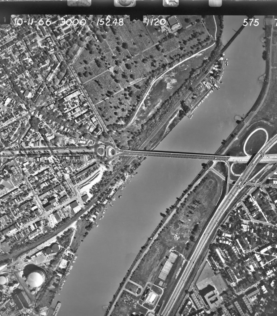 A 1966 survey aerial of the Anacostia River and its bridges in Washington, DC.