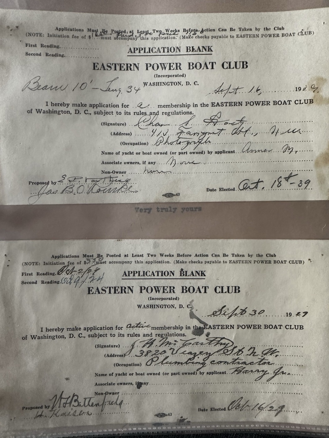 Two Eastern Power Boat Club membership application blanks from 1929 and 1939, their occupation lines filled in by a plumbing contractor and a photographer.