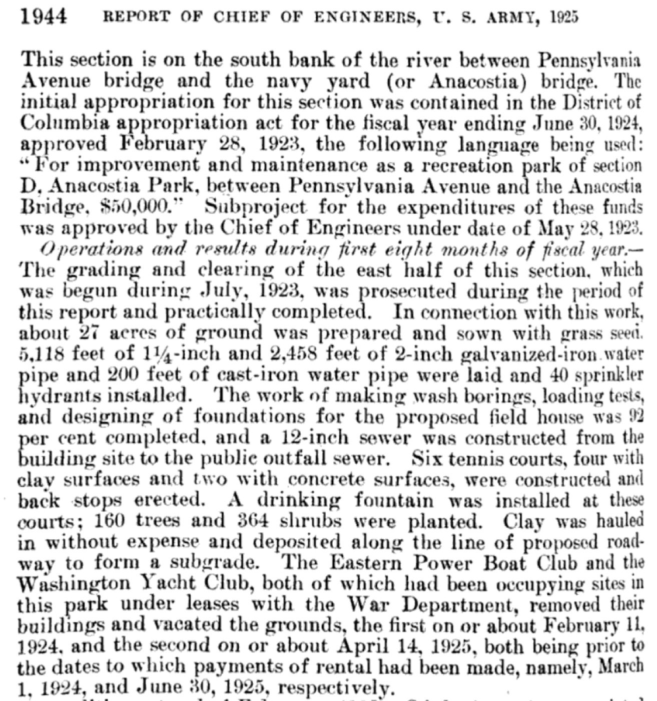 A 1925 Army Corps of Engineers report recording the club’s 1924 move.
