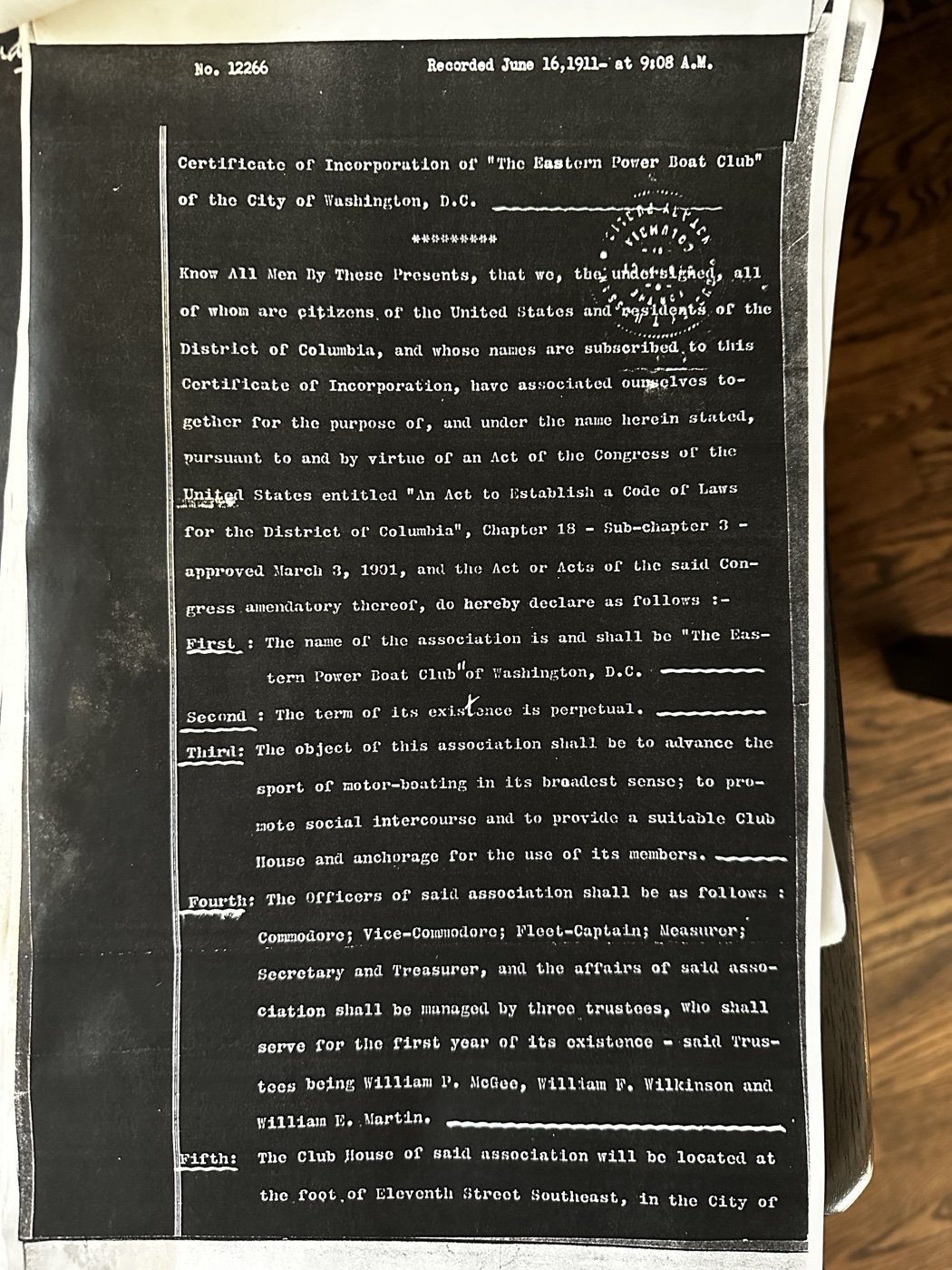 The first page of the club’s 1911 articles of incorporation.