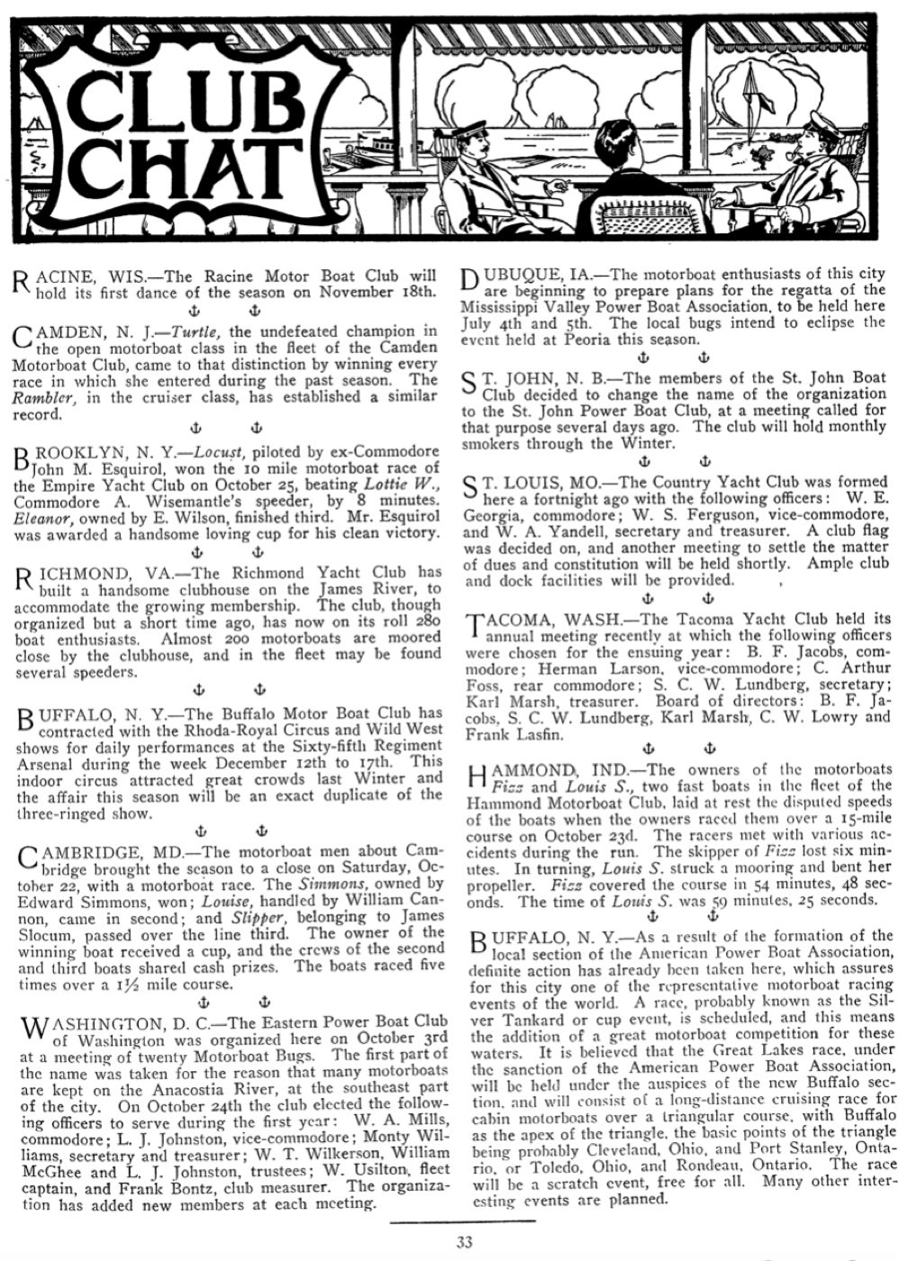 The Club Chat column of the November 1910 Motor Boat Magazine announcing the club’s founding.
