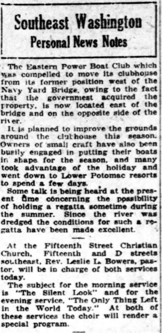 A June 1919 Washington Herald article on the club’s move from the 11th Street Bridge.