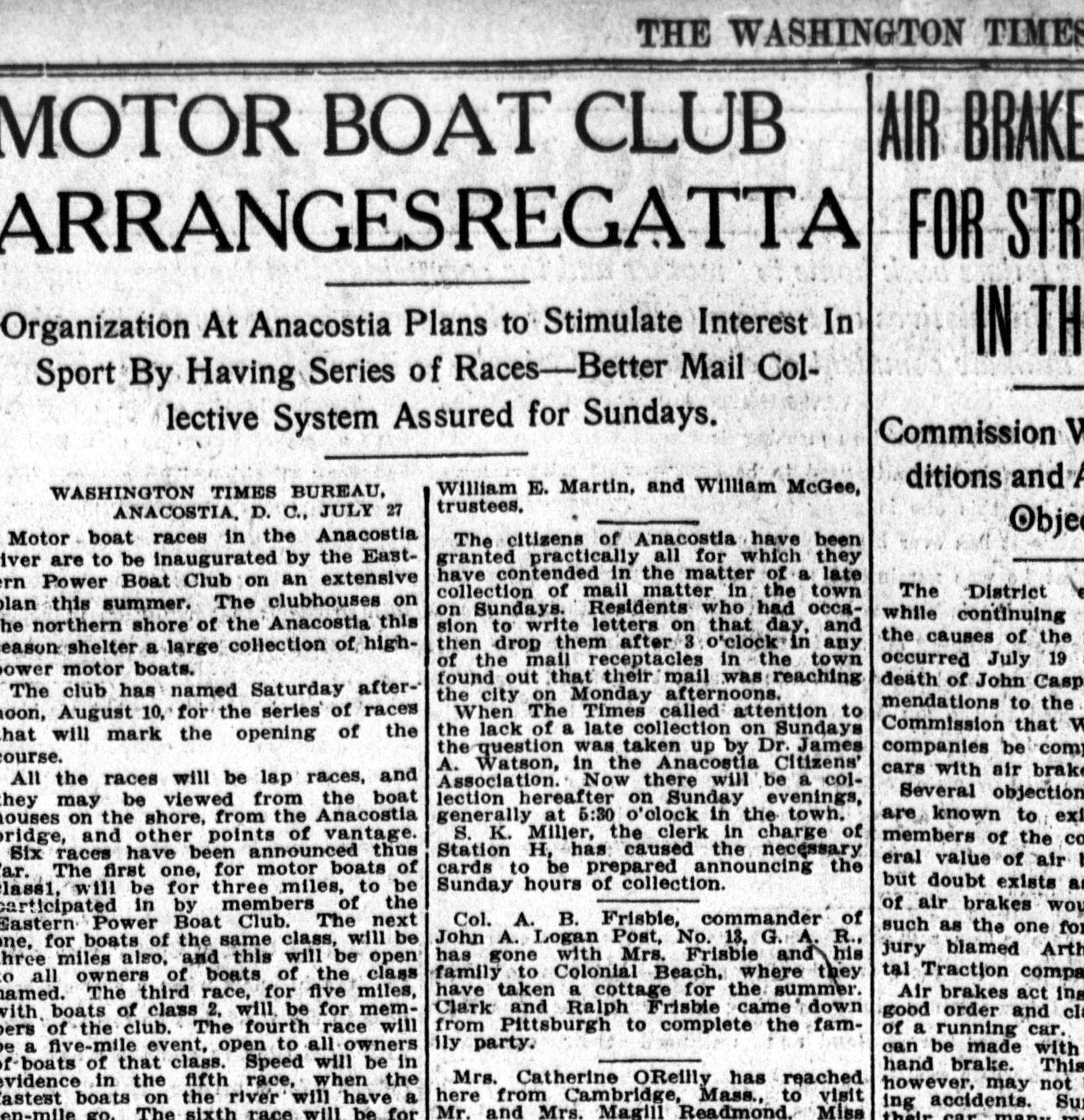 A July 1912 Washington Times article about a club regatta and a new clubhouse.