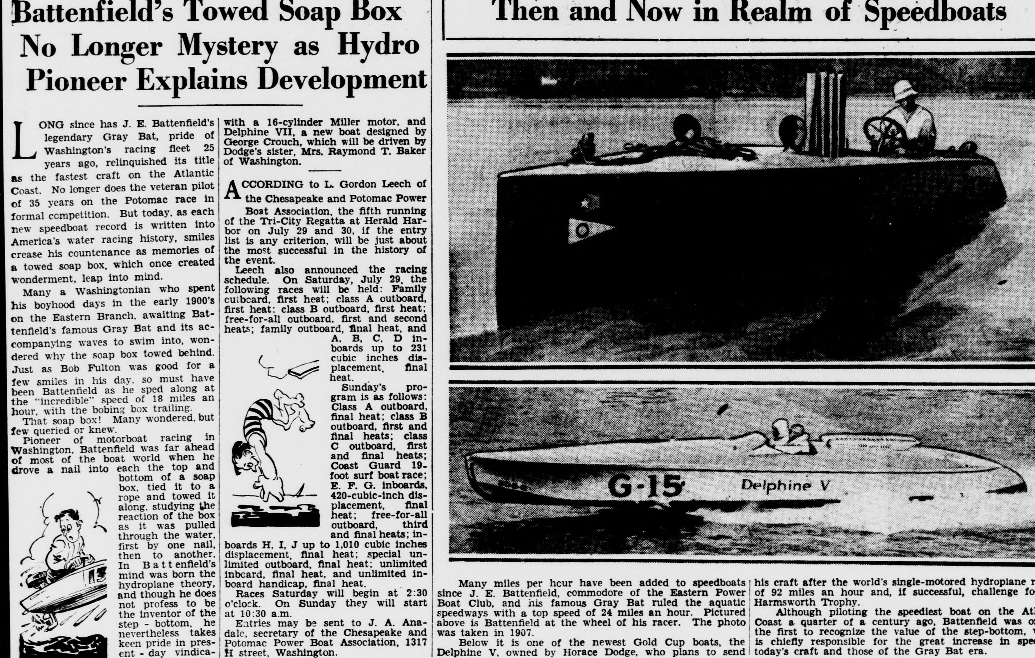 1933 Sunday Star article about J. E. Battenfield and his racing boat Gray Bat, with photographs of speedboats, on the same page as the club’s 30th-anniversary feature.
