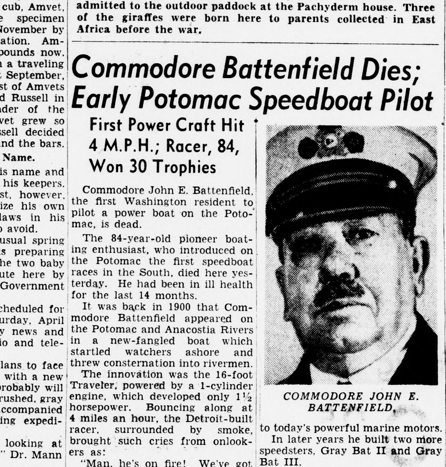 1950 Evening Star obituary headlined “Commodore Battenfield Dies; Early Potomac Speedboat Pilot,” with a portrait of John E. Battenfield.