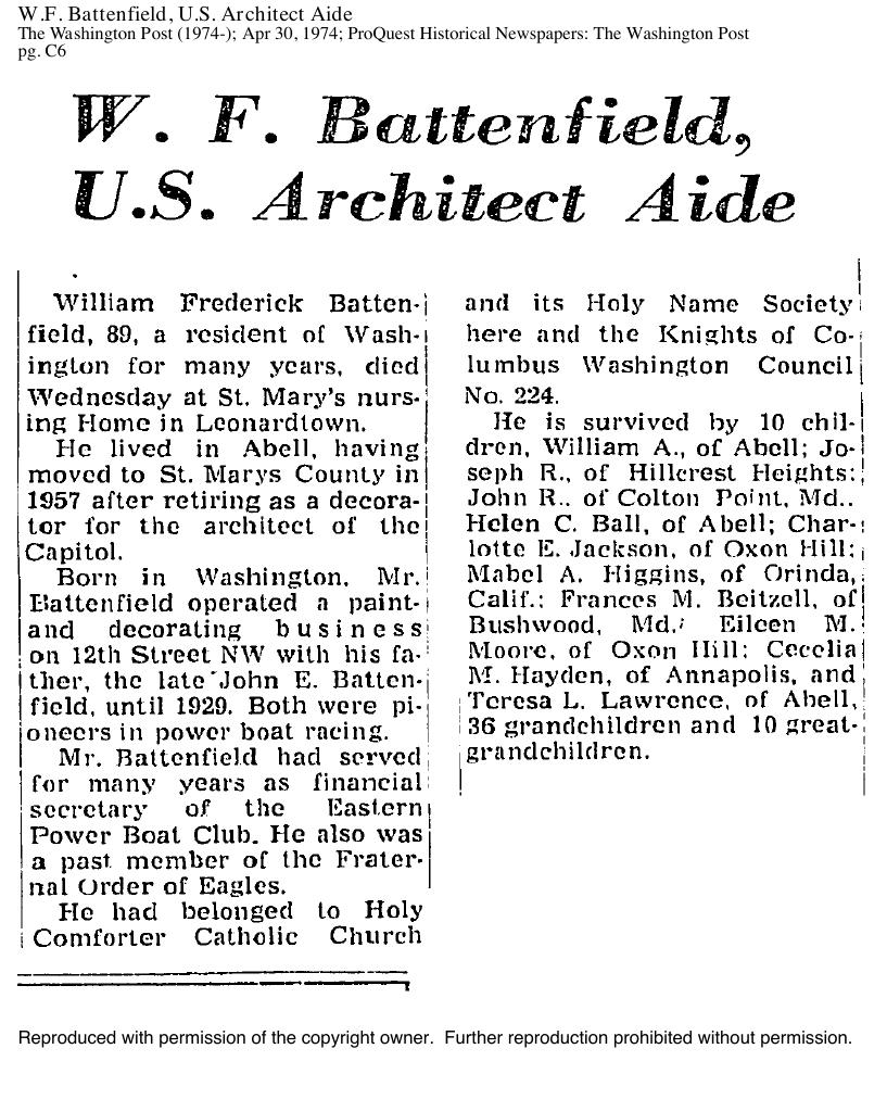 1974 Washington Post obituary headlined “W. F. Battenfield, U.S. Architect Aide,” noting his service as financial secretary of the Eastern Power Boat Club.