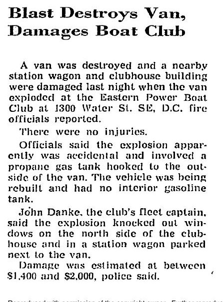 1978 Washington Post article headlined “Blast Destroys Van, Damages Boat Club.”