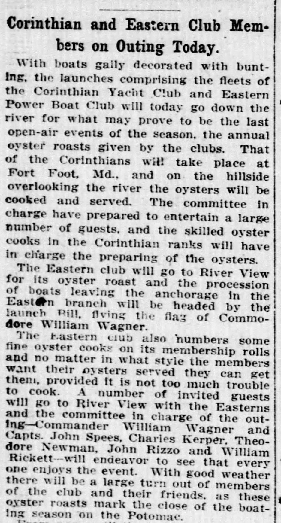 1913 Evening Star article headlined “Corinthian and Eastern Club Members on Outing Today,” about the clubs’ annual oyster-roast excursions.