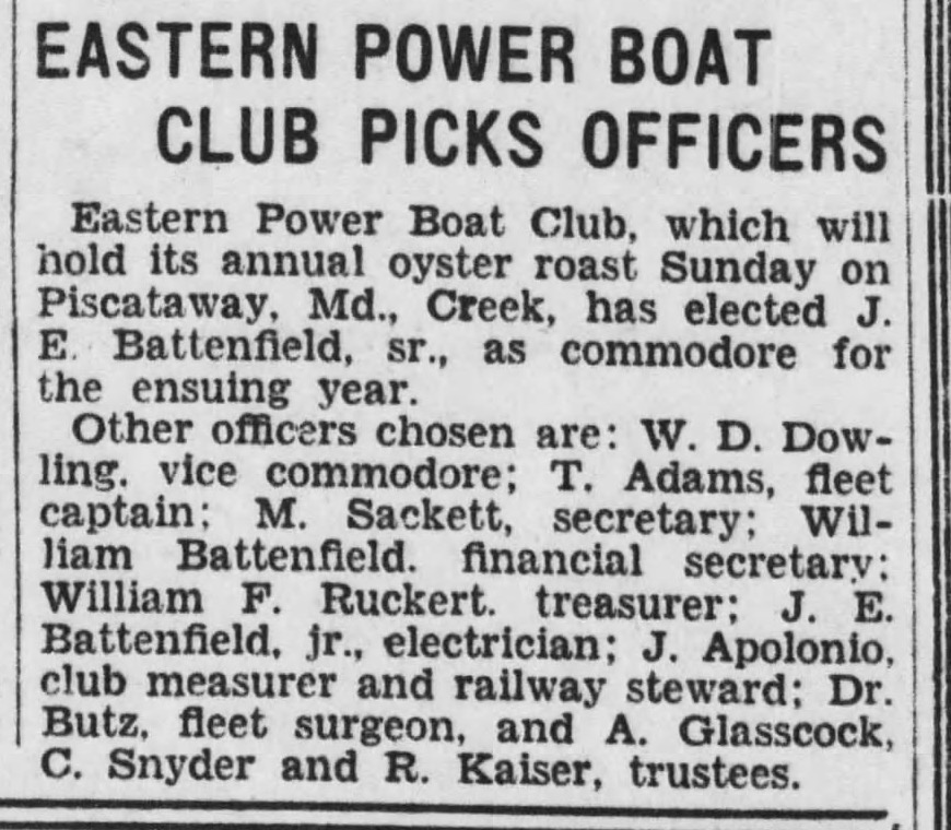 1928 Evening Star article headlined “Eastern Power Boat Club Picks Officers,” listing J. E. Battenfield Sr. as commodore.