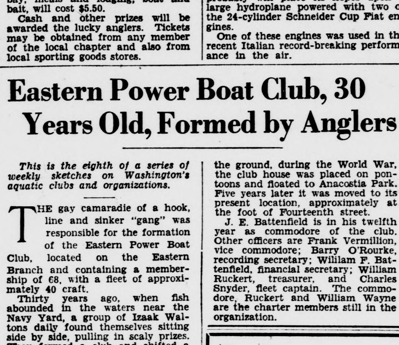 1933 Sunday Star feature headlined “Eastern Power Boat Club, 30 Years Old, Formed by Anglers.”