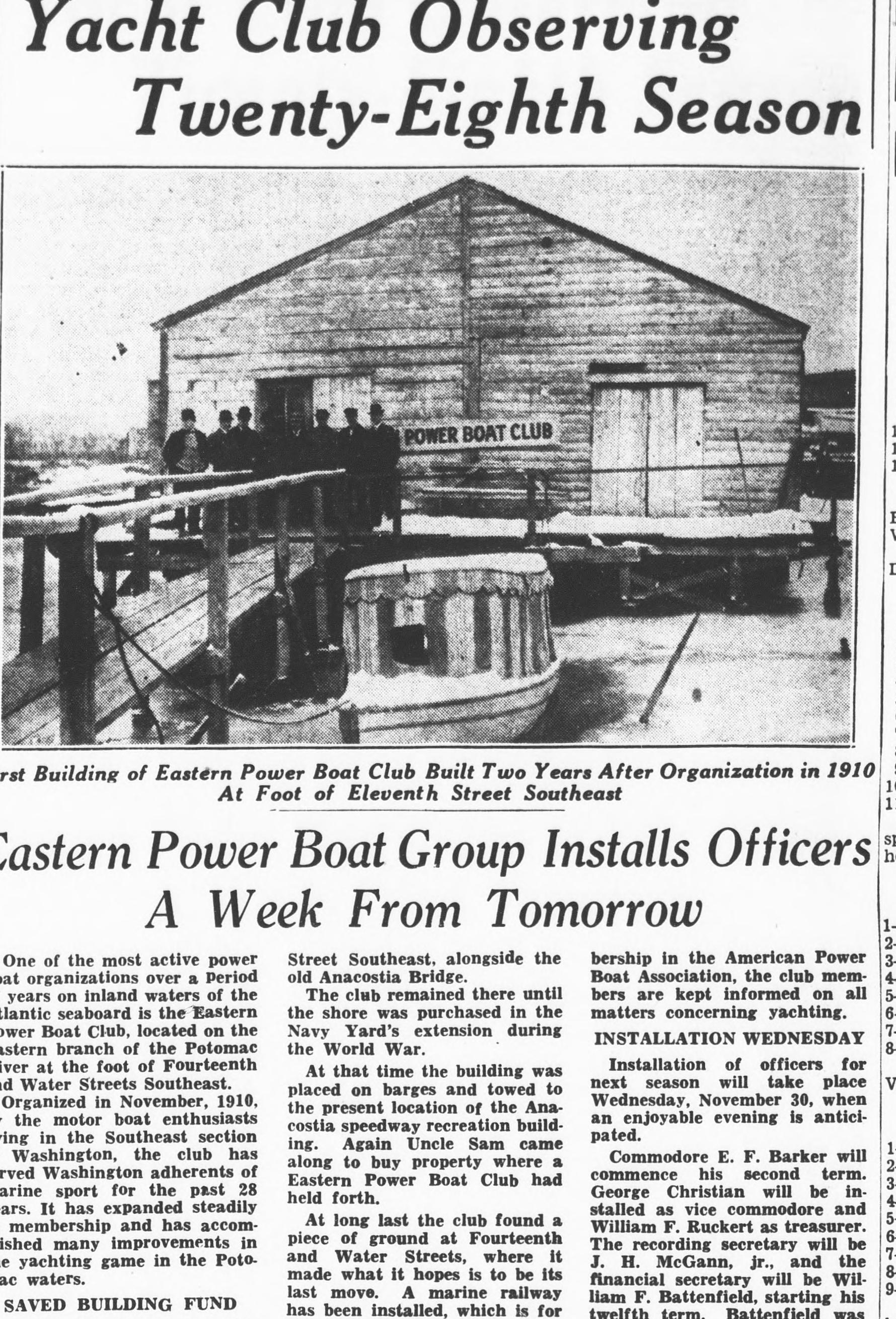 1938 Washington Times boating page with a photograph of the Eastern Power Boat Club’s first clubhouse and a story on the club installing officers for its 28th season.