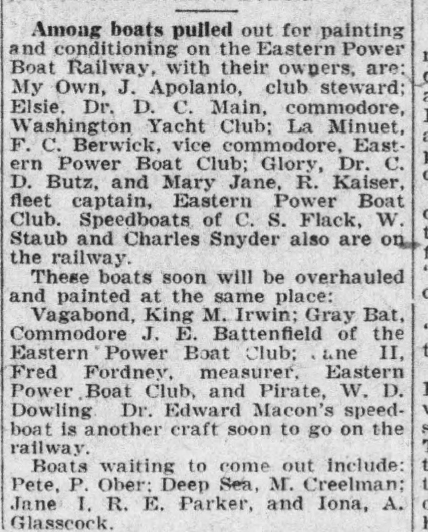 1927 Evening Star item listing the Eastern Power Boat Club boats hauled out on the club railway for spring painting, including Commodore Battenfield’s Gray Bat.