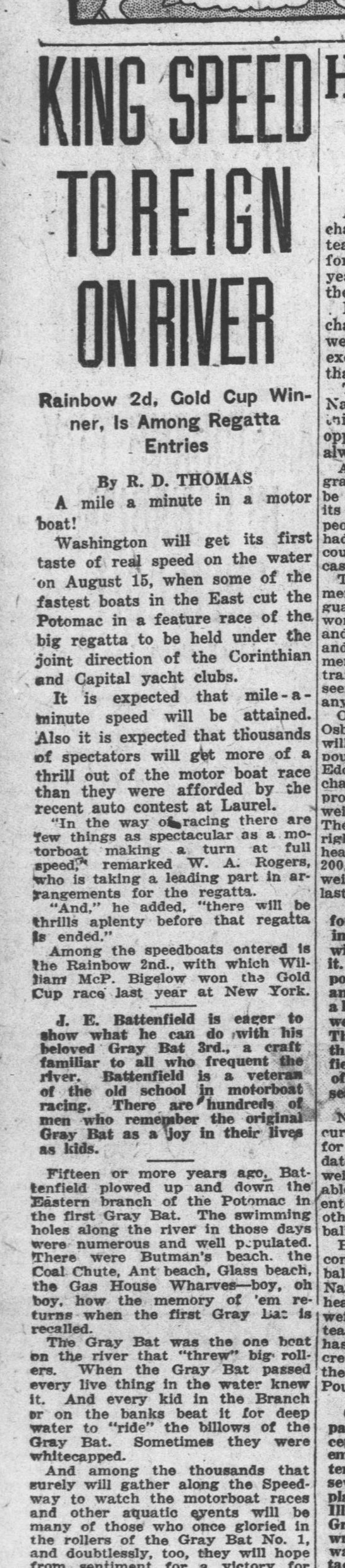 1925 Washington Times Sports article headlined “King Speed to Reign on River,” recalling how children rode the wake of Battenfield’s Gray Bat past the swimming holes on the Anacostia.