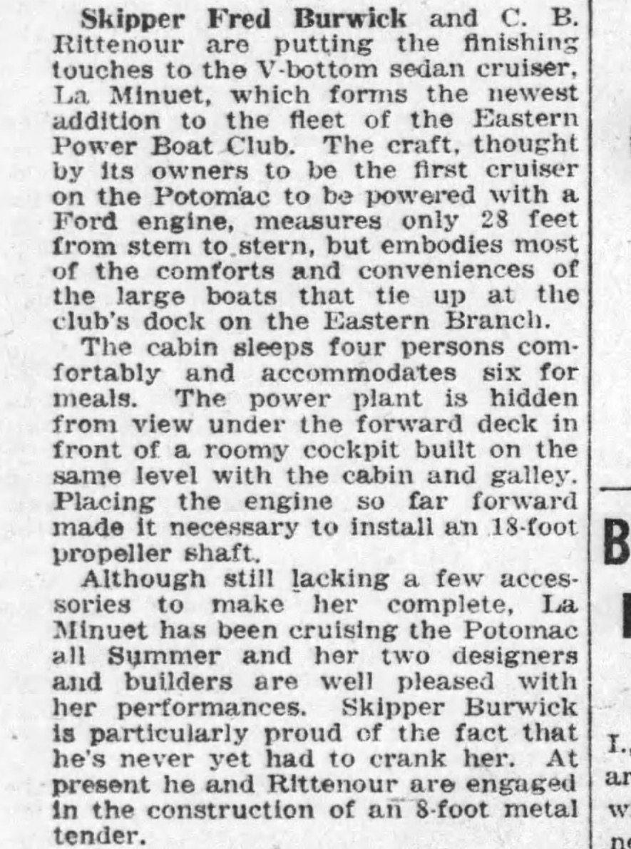 1926 Evening Star item about La Minuet, a member-built Ford-powered cabin cruiser added to the Eastern Power Boat Club fleet.