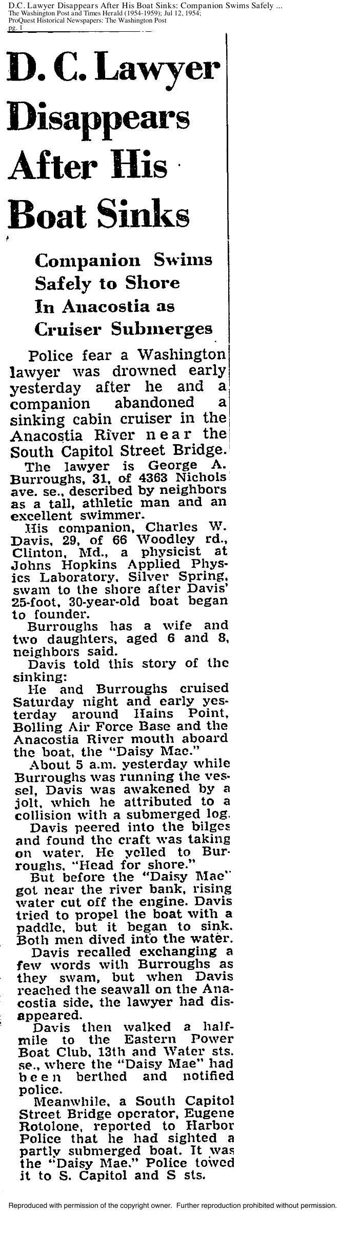 Single-column 1954 Washington Post article headlined “D.C. Lawyer Disappears After His Boat Sinks.”