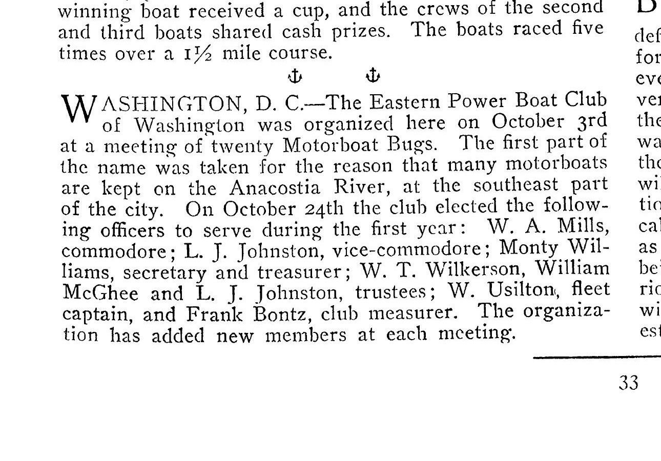 A “Club Chat” news brief in the 1910 trade journal The Motor Boat, noting the organization of the Eastern Power Boat Club of Washington.