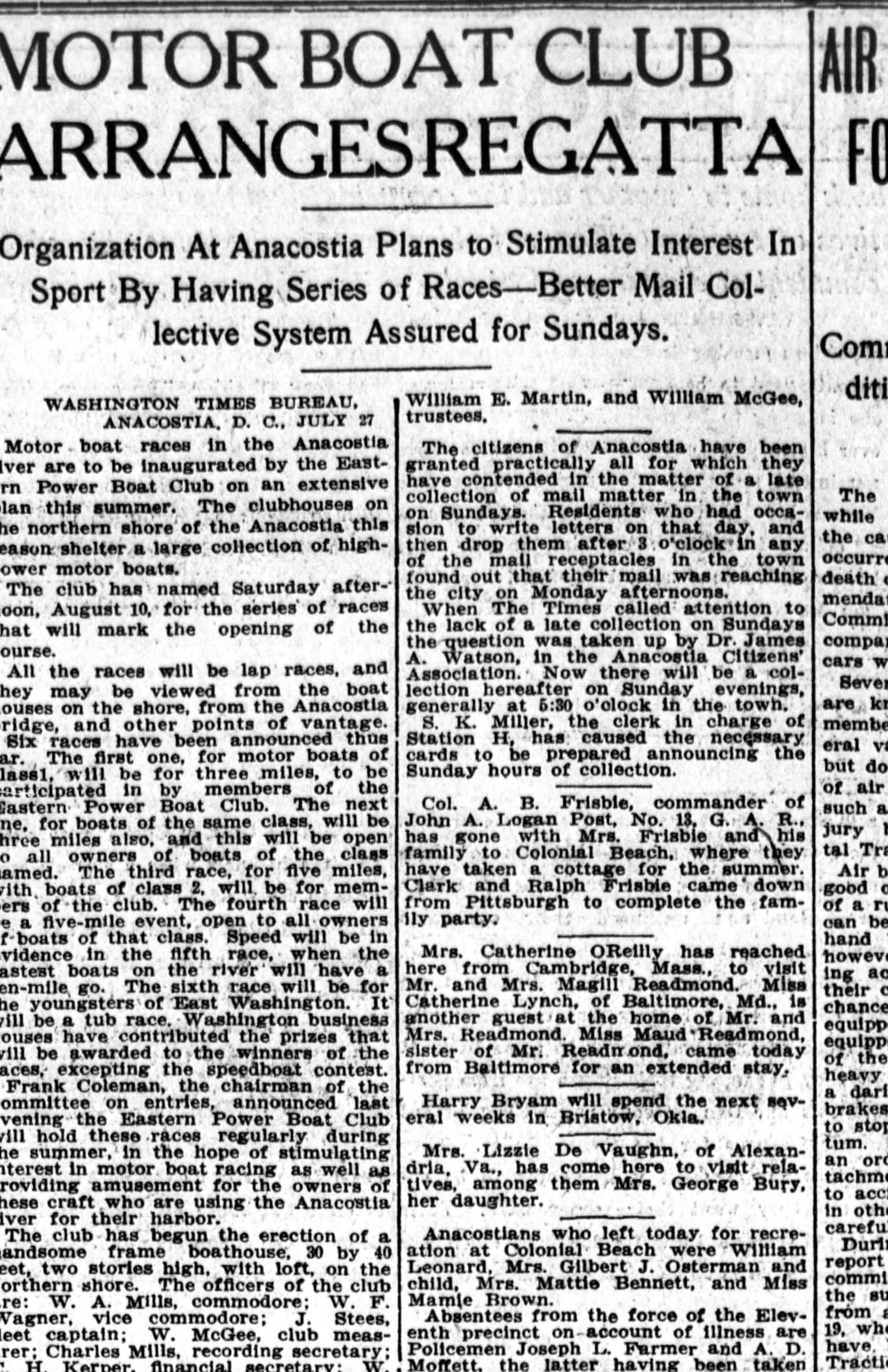 1912 Washington Times article headlined “Motor Boat Club Arranges Regatta,” about the club organizing races on the Anacostia.