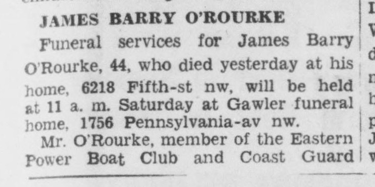 1944 Washington Daily News obituary for James Barry O’Rourke, a member of the Eastern Power Boat Club and the Coast Guard.