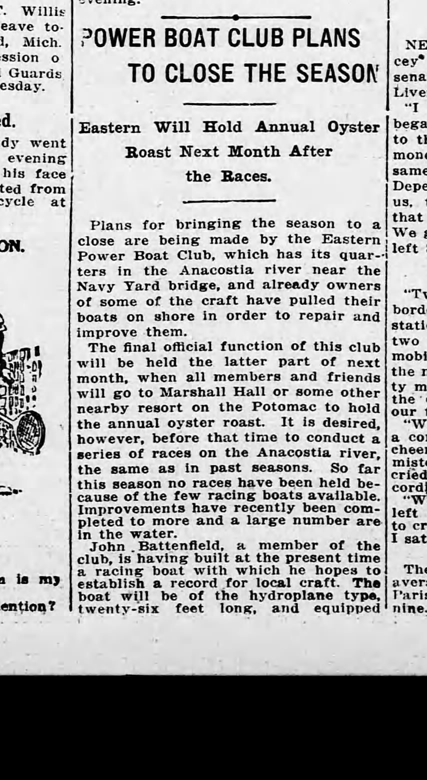 1914 Evening Star article headlined “Power Boat Club Plans to Close the Season,” about the Eastern Power Boat Club’s season-end races and oyster roast.