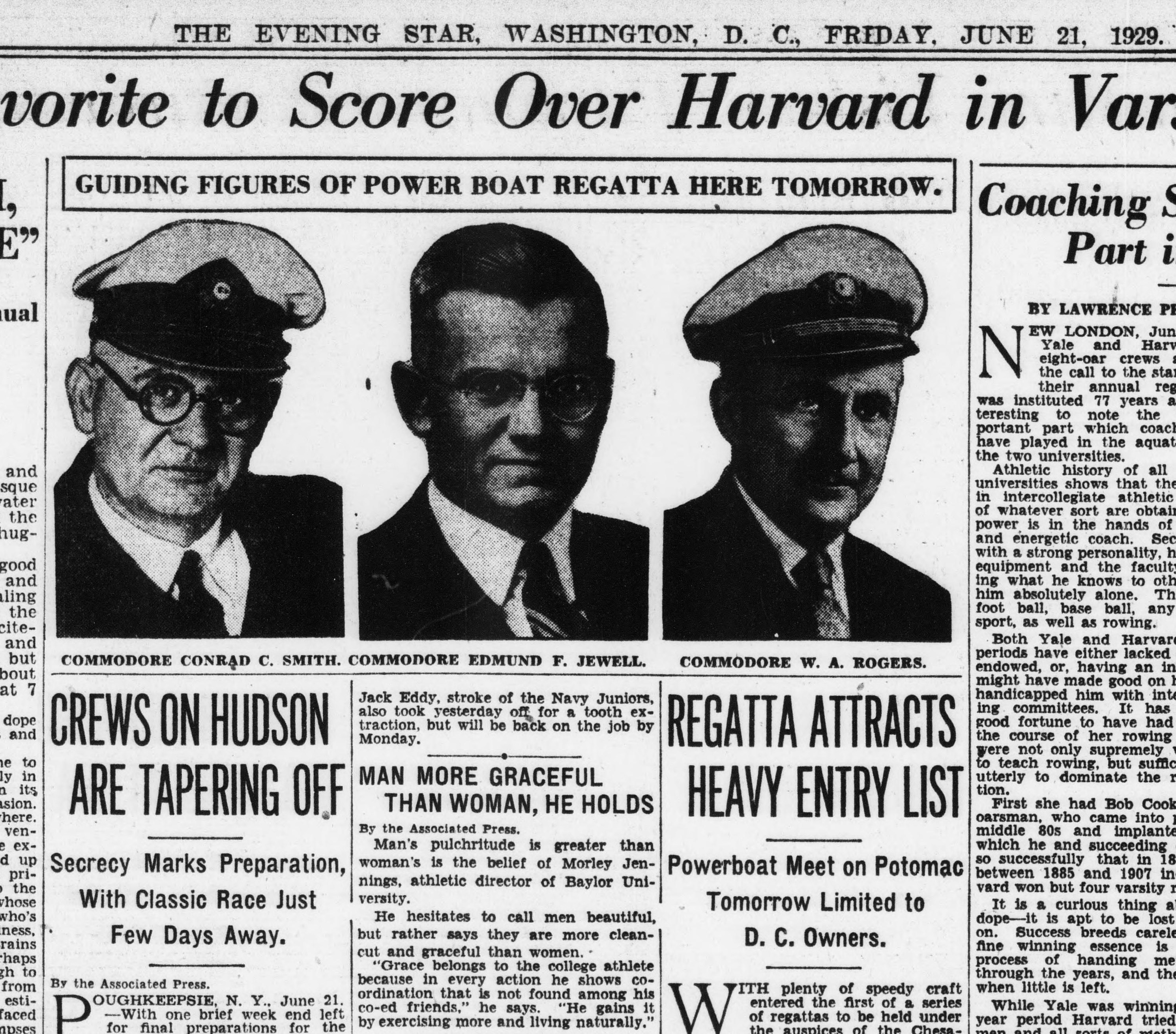 1929 Evening Star sports page with portraits of three commodores and a “Regatta Attracts Heavy Entry List” article about a Potomac power boat regatta involving the Eastern Power Boat Club.