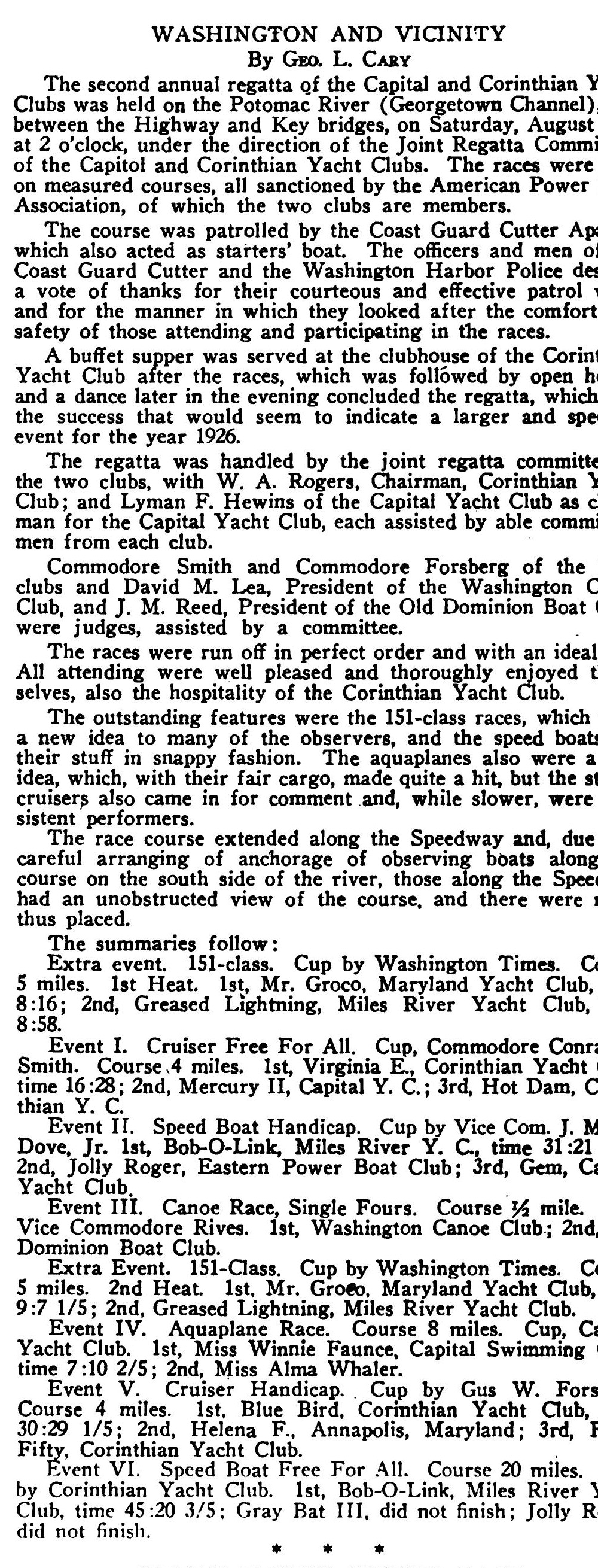 A 1925 race report in The Rudder magazine listing the Eastern Power Boat Club’s speedboat Jolly Roger placing second in the Speed Boat Handicap on the Potomac.