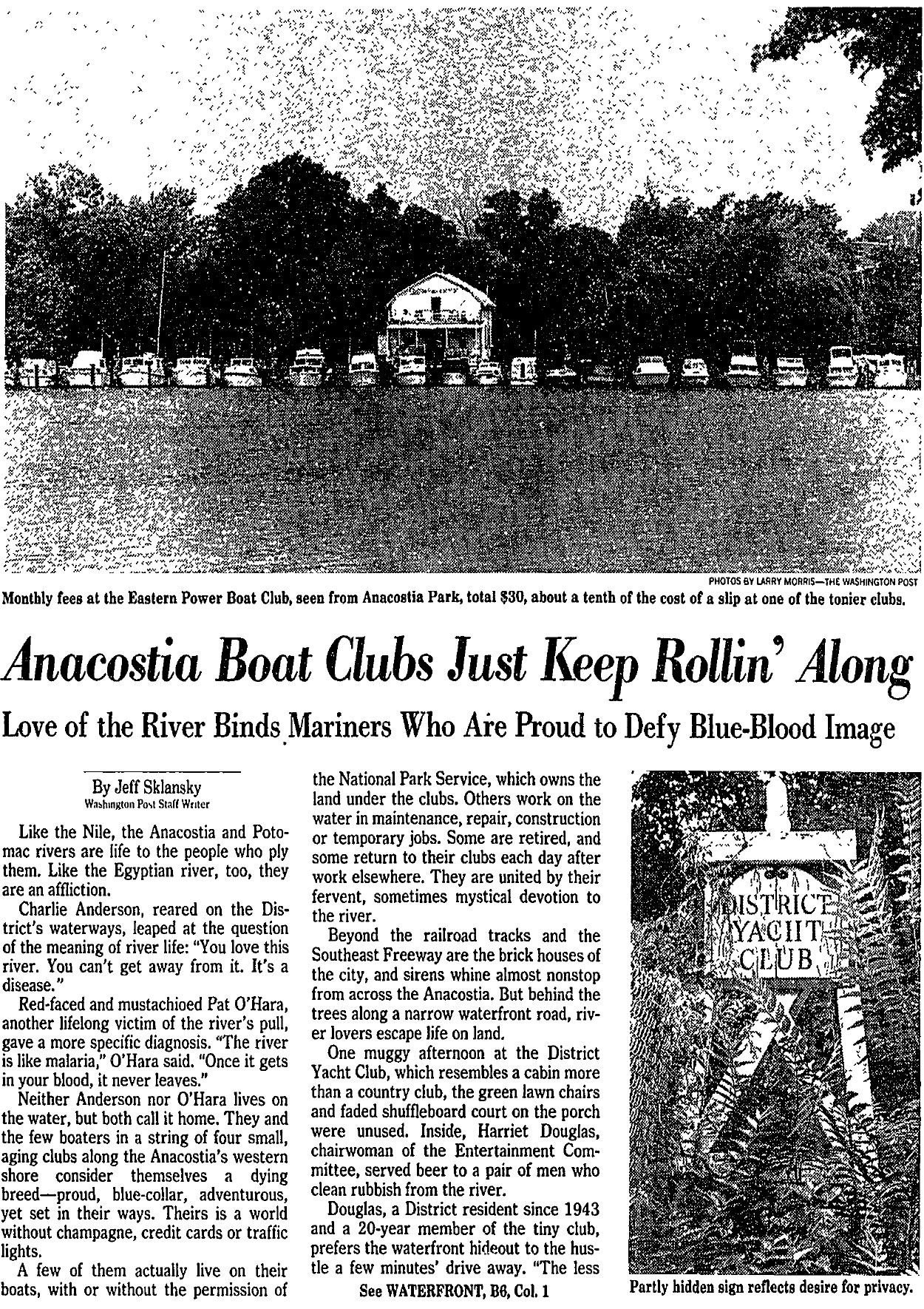 Front page of the 1988 Washington Post feature on Anacostia boat clubs, with a photo of the Eastern Power Boat Club seen from Anacostia Park.