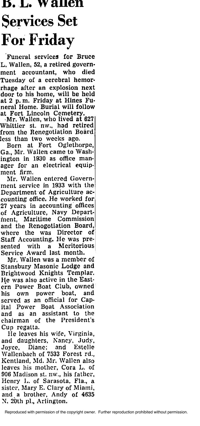 1960 Washington Post obituary for Bruce L. Wallen, an Eastern Power Boat Club member who officiated power boat racing and the President’s Cup regatta.