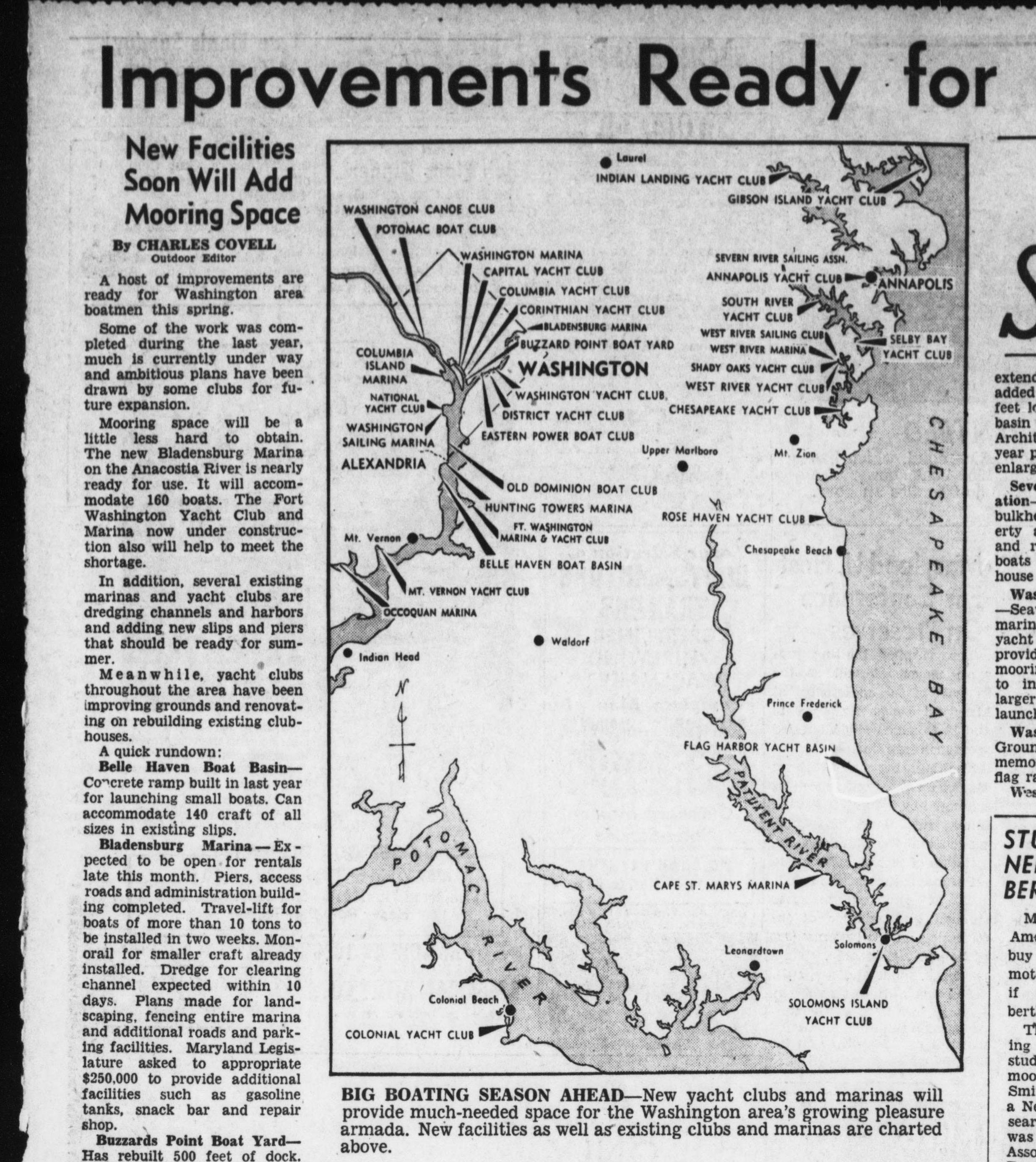 1959 Evening Star map headlined “Improvements Ready for Boatmen,” charting Washington-area yacht clubs and marinas including the Eastern Power Boat Club.