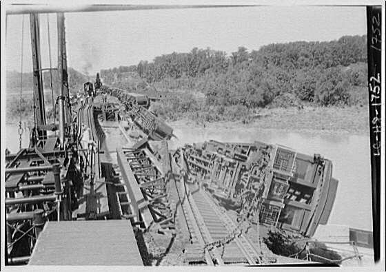 The wreck of the Crescent Limited on the railroad bridge over the Anacostia River, 1933.